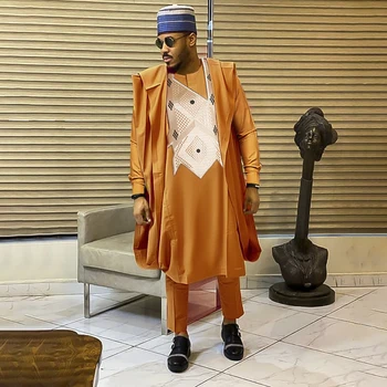  H & D Afrika Giysi Erkekler İçin Geleneksel Düğün Parti Müslüman Agbada Turuncu Gömlek takım elbise 3 ADET Set Africain Nakış Adam Seti
