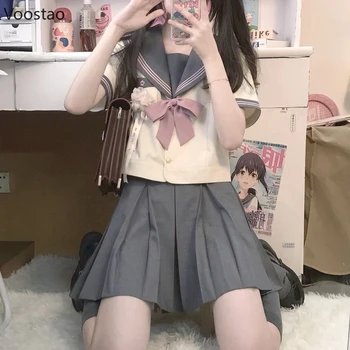  Japon Okul Kız JK Üniforma Kadın Kawaii Yay Bluzlar Yüksek Bel Mini Pilili Etekler Setleri Kızlar Sevimli Denizci Üniforma Kostümleri