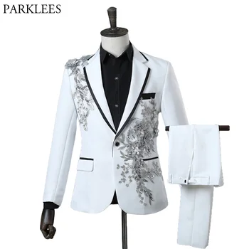  Moda Nakış Sequins Çiçek Takım Elbise Blazer Erkekler Bir Düğme Beyaz 2 Parça Takım Elbise (Ceket+Pantolon) parti Sahne Şarkıcı Giyim Kostüm