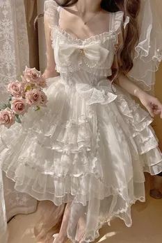  Japon Çiçek Düğün Lolita Jsk Dantel Kız Elbise Yay Kek Lotus Yaprağı Cosplay düğün elbisesi Kayış İnci Prenses Elbise
