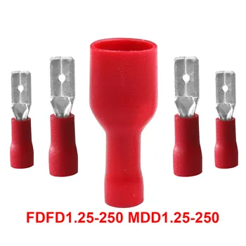  50 adet 20 çift 6.3 mm 22 - 16AWG Kadın Erkek Elektrik kablo konnektörü İzoleli Sıkma Terminali Maça Kırmızı FDFD1.25-250MDD1.25-250