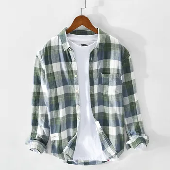  Japon Renk Eşleştirme Ekose Uzun Kollu Gömlek erkek Çizgili Sonbahar Gevşek Rahat Gömlek Gençlik Saf Pamuklu Gömlek Ceket