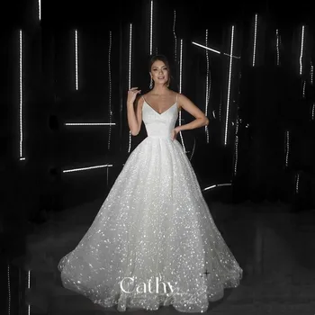  Cathy Glitter A-line Abiye Parlak Sweep Tren düğün elbisesi Balo Elbise Fildişi Vestidos De Fiesta Vestidos De Noche