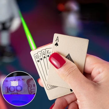  Yaratıcı Jet Torch Yeşil Alev Poker Çakmak Metal Rüzgar Geçirmez oyun kartı Çakmak Komik Oyuncak Sigara Aksesuarları Hediyeler Erkekler için