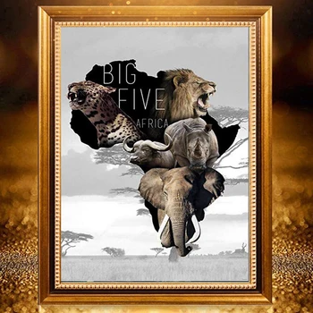  5D DİY Elmas Boyama Tam Kare / Yuvarlak Büyük Beş Afrika Fil Leopar Aslan Gergedan Nakış Çapraz Dikiş Kristal Gi