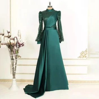  2023 Saten Suudi Arabistan Yüksek Boyun Balo Abiye Durum Elbise Parti Vestidos Bayan Zarif Glitter Kollu Bölünmüş Akşam Elbise