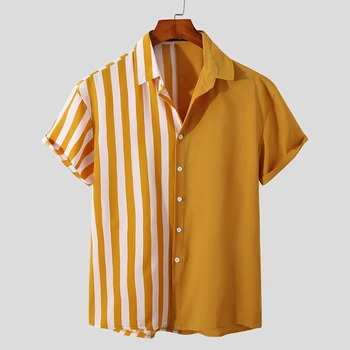  Yaz erkek Kısa Kollu Casual Gömlek 3D Baskı Yaka Çizgili Düğme Sarı Büyük Boy Gevşek Sokak Moda Rahat Gömlek