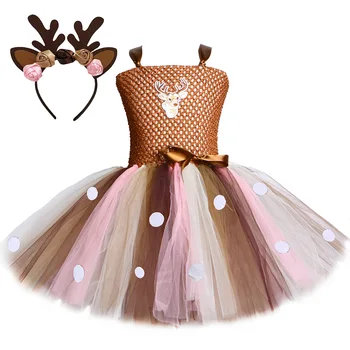  Yeni Kahverengi Telaş Geyik Tutu Elbise Kızlar için Noel Cadılar Bayramı Kostüm Çocuklar Ren Geyiği Prenses Elbiseler Diz boyu