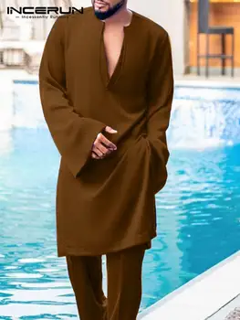  INCERUN Moda Erkekler Müslüman Jubba Thobe Katı V Boyun Uzun Kollu Casual İslam Arapça Kaftan 2022 Elbiseler Erkekler Dubai Kaftan S-5XL