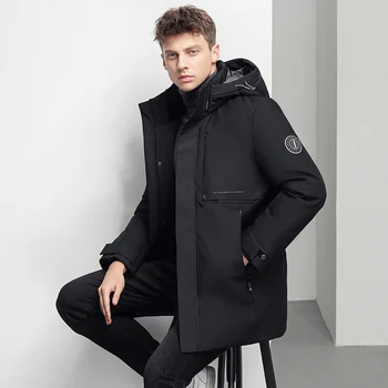  Kış Erkek Ceket Orta uzunlukta Fermuar Placket gündelik giyim Ayrılabilir Şapka Sıcak Kalınlaşmak Erkek Moda Katı Aşağı Ceket Streetwear