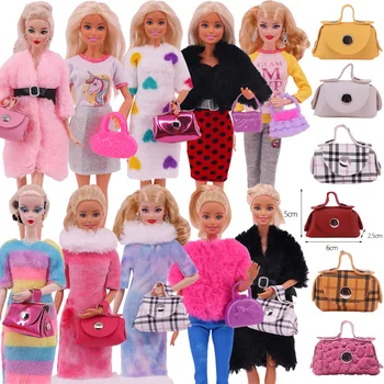  Ücretsiz kargo 2 adet / takım Barbie oyuncak bebek giysileri = 1 Adet Kürk Ceket+1 Adet Çanta barbie bebek Aksesuarları 11.8 İnç 30Cm 1/6 BJD Blythe Oyuncaklar