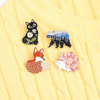  Yaratıcı karikatür çiçek orman kedi kirpi tilki ayı modelleme metal Broş moda trendi dekorasyon pin giyim çanta aksesuarları