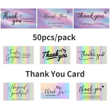  Teşekkür Kartları Küçük Iş Gökkuşağı Holografik Gümüş Tebrik Kartları Müşteri Ambalaj Butikler Hediye Sarma 50 adet / paket