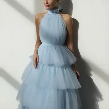  Zarif Ağırbaşlı Zarif Gökyüzü Mavi A-line Kadın Elbise Ruffles Tül Katmanlı Halter Balo Fotoğraf Renkler Custom Made