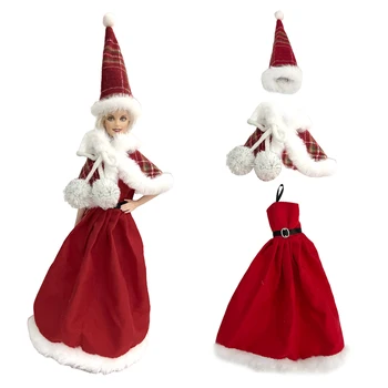 NK Resmi 1 Takım Asil Noel elbise bebek: Ekose tarzı Noel şapka + Kırmızı elbise + örme şal barbie bebek Kız Hediye