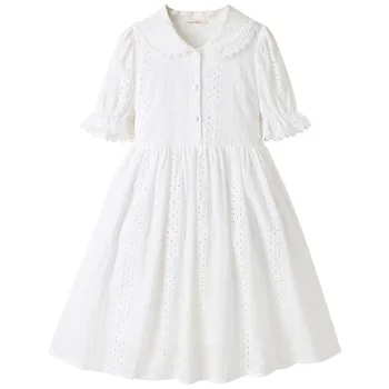  Yeni 2022 Yaz Genç Kızlar Zarif Prenses Elbise Tatlı İki Kat Çocuk Beyaz Bebek Yaka Pamuk rahat Giyim, #9332