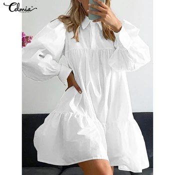  Celmia Rahat Gevşek Katı Gömlek Elbise Büzgü A-line Kadınlar Zarif Vestidos 2022 Moda Uzun Puf Kollu Yaka Mini Elbiseler