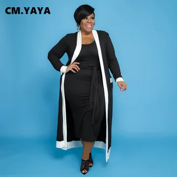 CM.YAYA Kadın Artı Boyutu Seti Patchwork Tam Kollu Uzun Ceket O-boyun Bandaj Sashes uzun elbise İki 2 Parça Setleri Kıyafet Yaz 2021