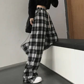  Sunınbox 2022 Sonbahar kadın Ekose pantolon Harajuku Streetwear Hip Hop Geniş Bacak Pantolon Kadın Gençler Gevşek Rahat düz pantolon