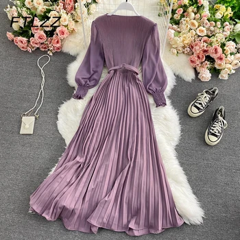  Kadınlar Zarif Pilili uzun elbise Yeni Bahar Sonbahar Puf Kollu Ofis Elbiseler Bayanlar Vintage Parti Maxi Elbise Vestidos Mujer