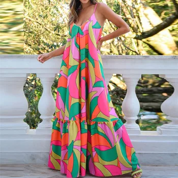  Kadın giyim Yaz Sonbahar Yeni Çiçek Baskı askı elbise Rahat Uzun Grup Taze Tatlı Elbise Kadın