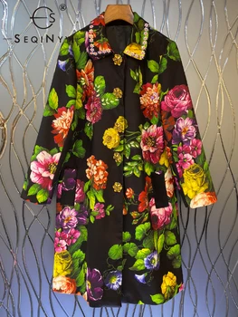  SEQINYY Sicilya Uzun Ceket Sonbahar Kış Yeni Moda Tasarım Kadın Pist Yüksek Kalite Boncuk Düğmeler Vintage Çiçekler Baskı Kalın