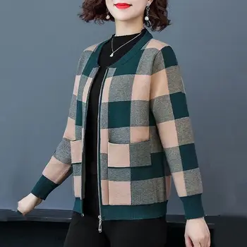  Zip Up Hırka Vintage Ekose Gevşek Ceketler Kadın Giyim İlkbahar Sonbahar Yeni Cepler O-Boyun Uzun Kollu Demi-sezon Rahat Mont