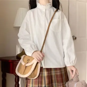  QWEEK Japon Kawaii Beyaz Gömlek Kadın Fırfır Standı Yaka Bluzlar Uzun Kollu Üst Yumuşak Kız 2021 Lolita Tarzı Okul Giysileri
