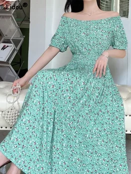  Zarif Moda Ofis Bayan Çiçek Baskı Bel Ayak Bileği Etekler 2022 Yeni Yaz Şık Vintage kadın giyim Sundress Elbiseler