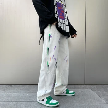  2022 Yeni Mürekkep Sıçrama Geniş Bacak Pantolon Yüksek Sokak erkek kadın Vintage Sıkıntılı Kot 2022 Sonbahar düz pantolon Paspas Kot