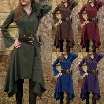  Kadınlar için Vintage Elbise V Yaka Orta buzağı Uzunluğu Gotik Elbiseler Ortaçağ Bayanlar Cosplay Rönesans Celtic Viking Gotik Giyim