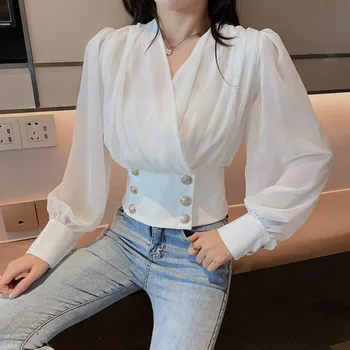  Kadın Moda Tasarım Uzun Kollu Yüksek Bel Kruvaze İnce V Yaka Streetwear Vintage Beyaz Şifon Gömlek 2021 Yeni