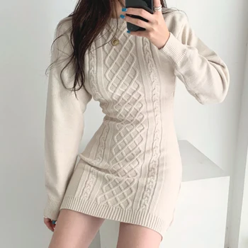  Yeni Bodycon Haki Kazak Elbise Kadınlar Kış Kalın 2022 Elbiseler Katı Örme Vintage Zarif Kadın Kore Sıcak Sonbahar Giyim