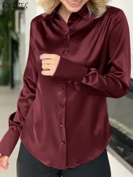  Zarif Kadın OL Uzun Kollu Saten Bluz ZANZEA Bahar Yaka Boyun Katı Gömlek Casual Düğmeler Aşağı Blusas Gevşek Çalışma Tops Mujer