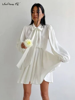  Mnealways18 Zarif papyon Kadın A-Line Saten Elbise Lace Up İlmek Bahar Elbise Bayanlar Uzun Kollu Kısa Beyaz Elbiseler 2023