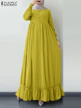  ZANZEA bahar uzun kollu elbise Katı müslüman uzun elbise Vestidos Moda Kadın Fırfır Etek Maxi uzun elbise Robe Femme Ramazan Parti Sundress