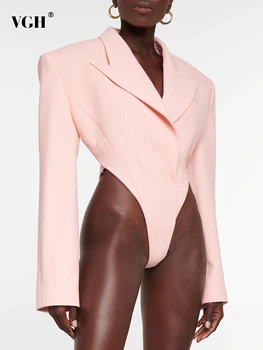  VGH Seksi Cut Out Backless Bodysuit Kadınlar İçin Çentikli Yaka Uzun Kollu Moda Romper Tulum Kadın Sonbahar giyim 2022 Yeni