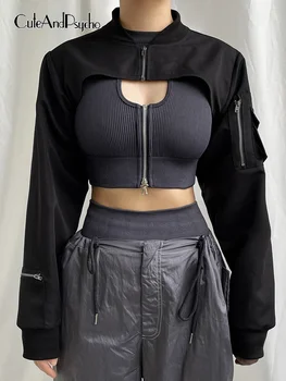  Cuteandpsycho Streetwear Şık Süper kısa Ceketler Önlük Casual Cepler Siyah Genel Üstleri Tüm Maç Harajuku kadın Y2K Giysileri