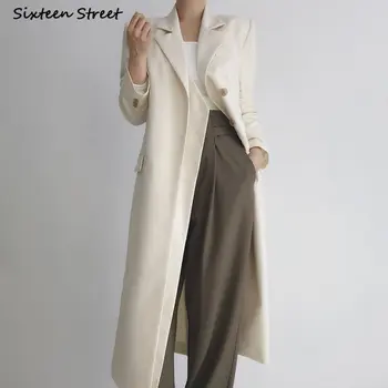  2023 Kayısı Uzun Ceket Kadın Tek göğüslü Şık Sonbahar Kış Trençkot Bayanlar Çentikli Yaka Gevşek Giyim Streetwear
