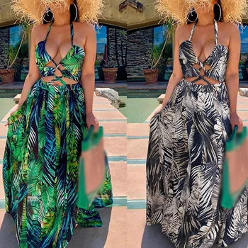 Yaz Baskı Halter Bölünmüş Maxi Elbise Kadın Moda Seksi Backless Bohemian Plaj Tatil Uzun Elbiseler 2021 Maxi elbise