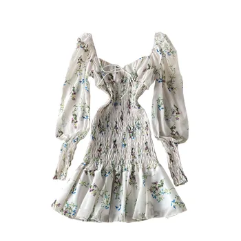  Kadın Yaz şifon elbise 2021 Moda Uzun Fener Kollu Kare Yaka çiçekli elbiseler Elastik Bel Rahat Pilili Vestidos