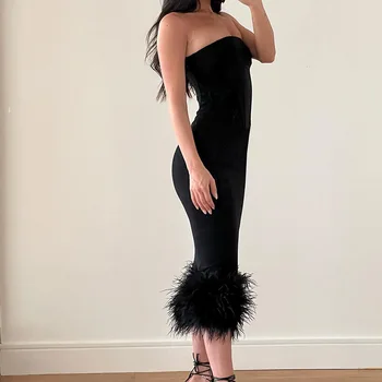  Moda Seksi Siyah Tüyler Kadınlar Straplez Backless Midi Elbise Y2k Vintage 2022 Kapalı Omuz Kadın Elbiseler Tatil Kıyafetleri