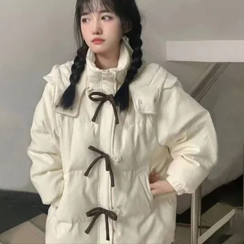  Kış Yeni Beyaz Kalınlaşmış Ekmek Ceket İlmek Kapşonlu pamuklu ceket Kadın Kolej Tarzı Tatlı Kore Genç Giysileri