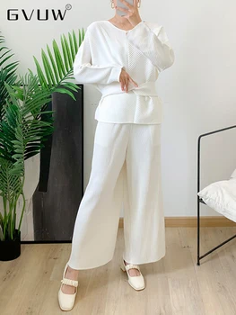  GVUW Kadın Pilili Pantolon Set Düz Renk Uzun Kollu Üst Geniş Bacak Cep Sonbahar Yeni Giyim Moda 17D2831