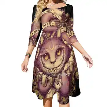  Cheshire Kedi Tatlı Zarif Elbise Kadın Kore Kawaii Kare Yaka Elbise Cheshire Kedi Alice Kediler Cadılar Bayramı Noel Lewis