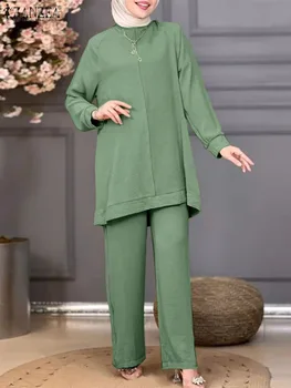  ZANZEA Düz Renk Abaya Türk Bluz Moda Kadın Sonbahar Setleri Müslüman uzun kollu Bluz Geniş Bacak Pantolon Takım Elbise İslam Giyim