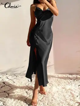  Yüksek Yarık Club Maxi Elbiseler Seksi Parti Askısı Elbiseler Bayan Arası V Boyun Düğmeleri İnce Zarif Saten Vestidos Sundress Cemia Kadın 