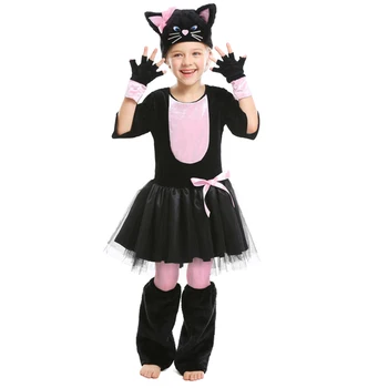  Kız Purim Hayvan Kostüm Sevimli Çocuk Pembe Siyah Kedi Cosplay Sahne Gösterisi Ebeveyn-Çocuk Cadılar Bayramı Karnaval Fantezi Parti Elbisesi