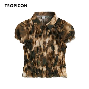  TROPICON Amber Y2K Dantelli Kahverengi Kırpma Üst Düğmeli Gömlek Kadınlar İçin Yaz Üst Ve Bluz 2021 Moda Tasarımcısı Gömlek