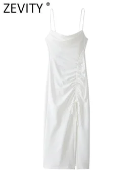  Zevity Kadınlar Seksi Spagetti Kayışı Pilili Lace Up İnce Örgü Midi Elbise Kadın Chic Geri Fermuar Beyaz Sling Vestidos DS912